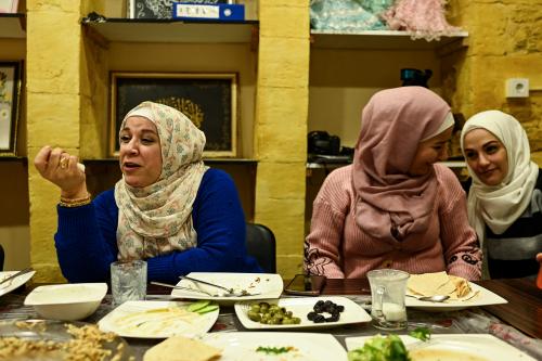 Khulod, Batoul, Aisha Alhaj Ali at the Kareemat shelter, a partner organization of ActionAid, that supports Syrian women.