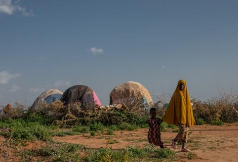 A woman and her daughter walk through a drought-hit landscape in search of water