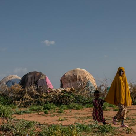 A woman and her daughter walk through a drought-hit landscape in search of water